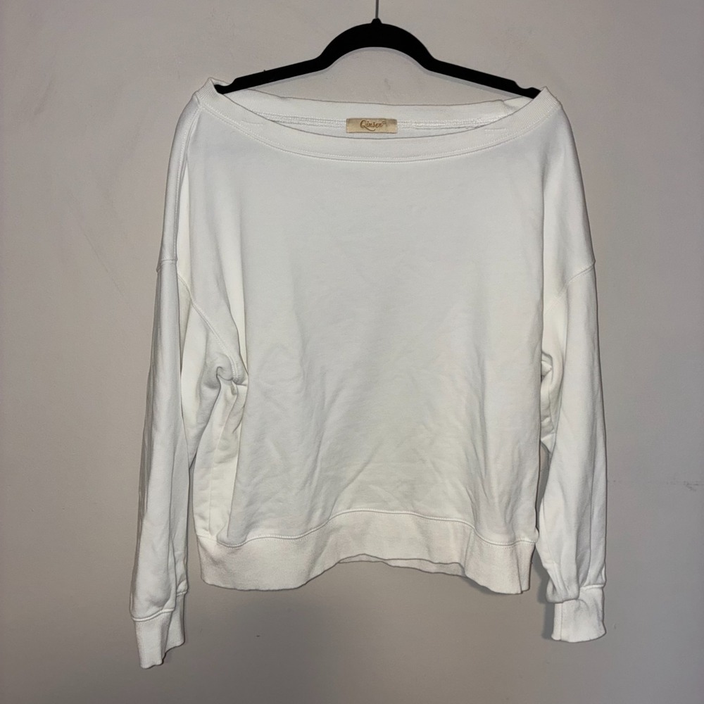 Off the Shoulder Oversized Sweatshirt White Cropped Pullover Women's S